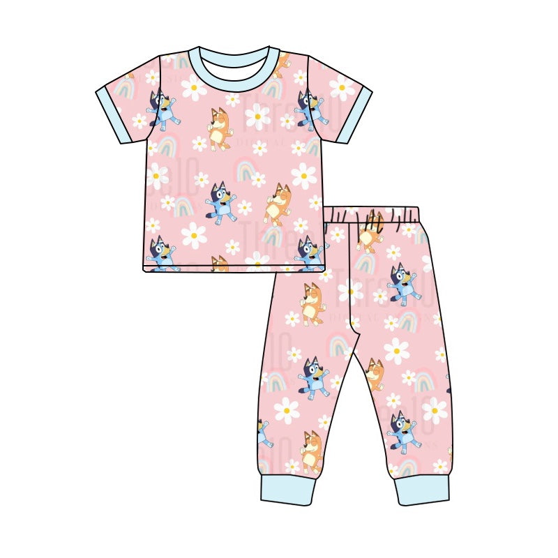 Baby Girls Short Sleeve Dog Flowers Tops Pants Pajamas Clothes Outfits Sets preorder(moq 5)