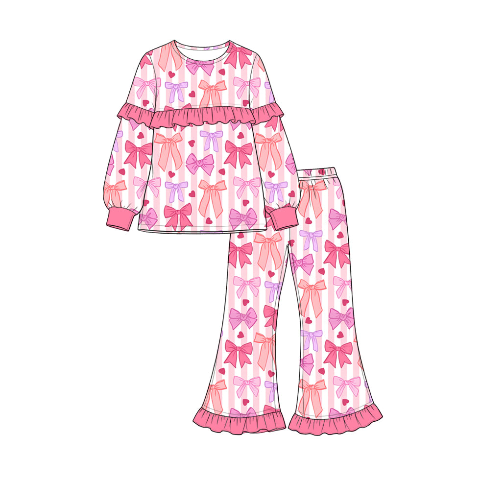 Preorder(moq 5) Girls’ Valentine’s Day Pink Heart Bow Long-Sleeve Ruffle Flare-Leg Pajama Set