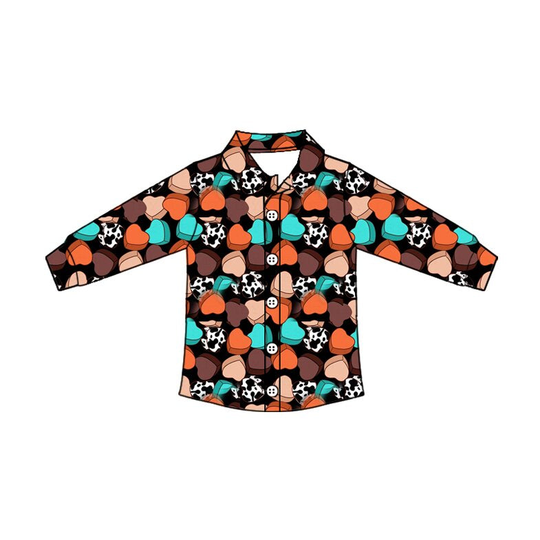 Preorder (moq 5)Baby Boys’ Brown & Orange Heart Print Lapel Collar Button-Up Long-Sleeve Shirt