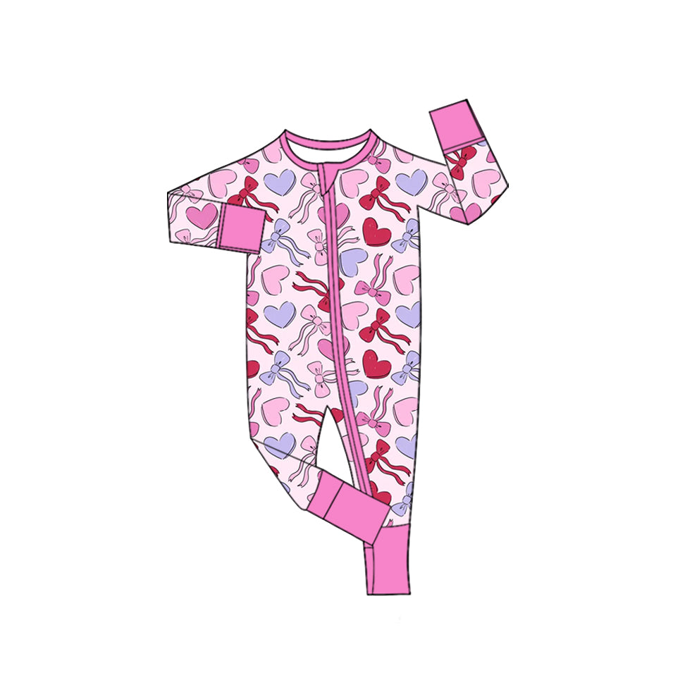 Preorder(moq5) Baby Girls’ Valentine’s Day Pink Heart Bow Crew Neck Long-Sleeve Romper