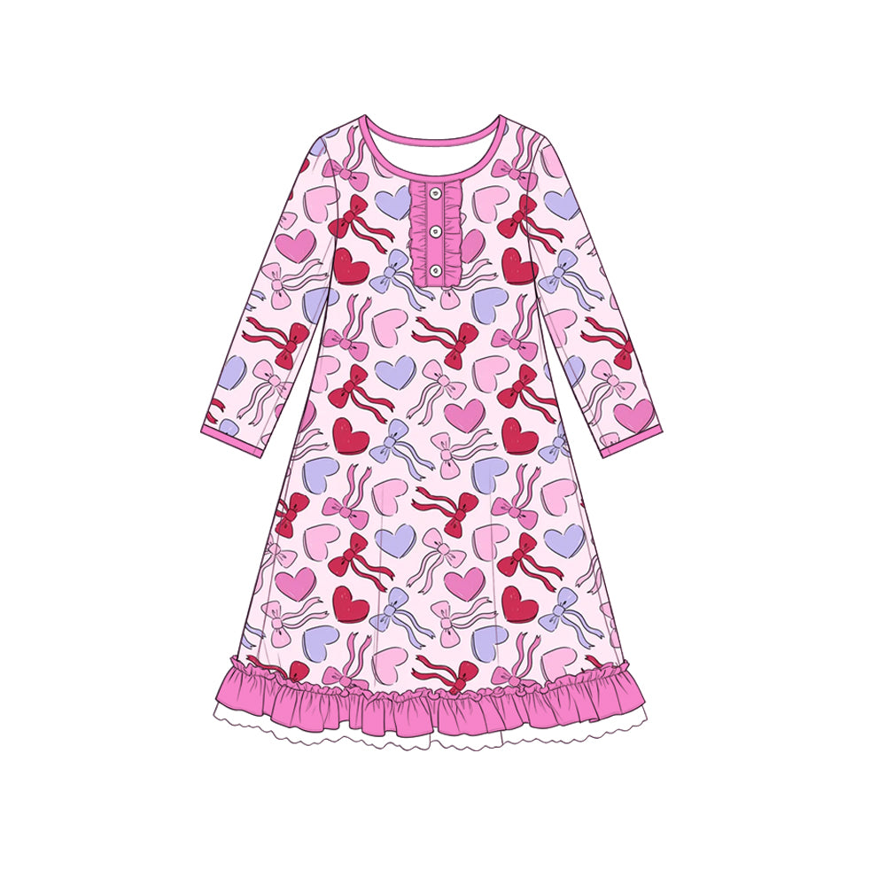 Preorder (moq 5) Girls’ Valentine’s Day Pink Heart Bow Crew Neck Long-Sleeve Ruffle Dress