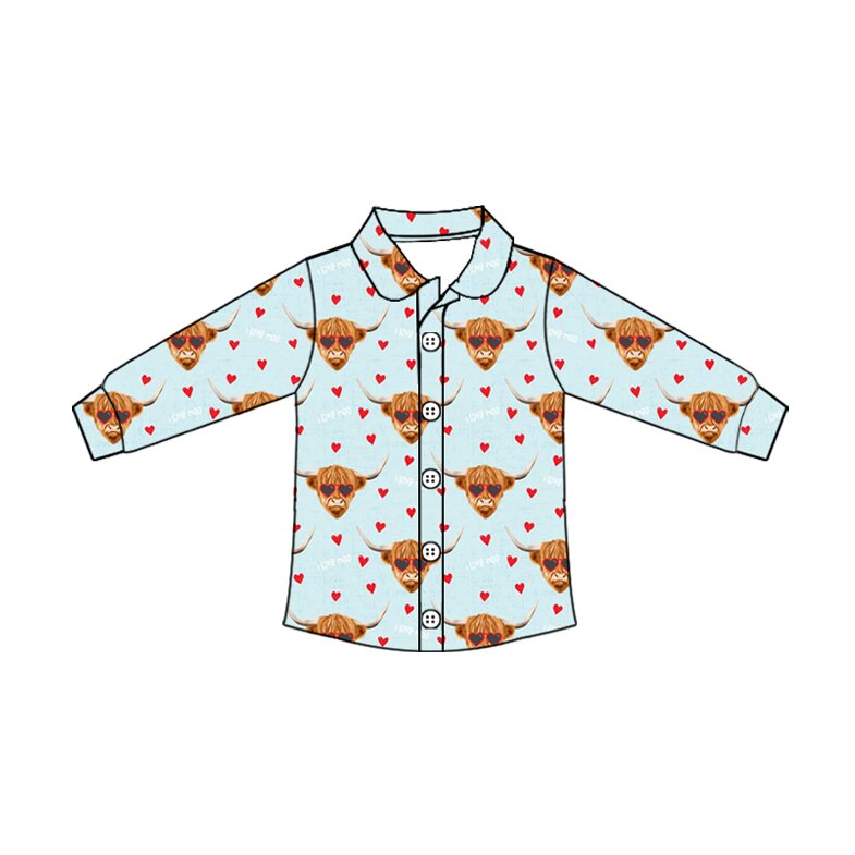 Preorder (moq 5)Baby Boys’ Light Blue Bull Head Print Lapel Collar Button-Up Long-Sleeve Shirt