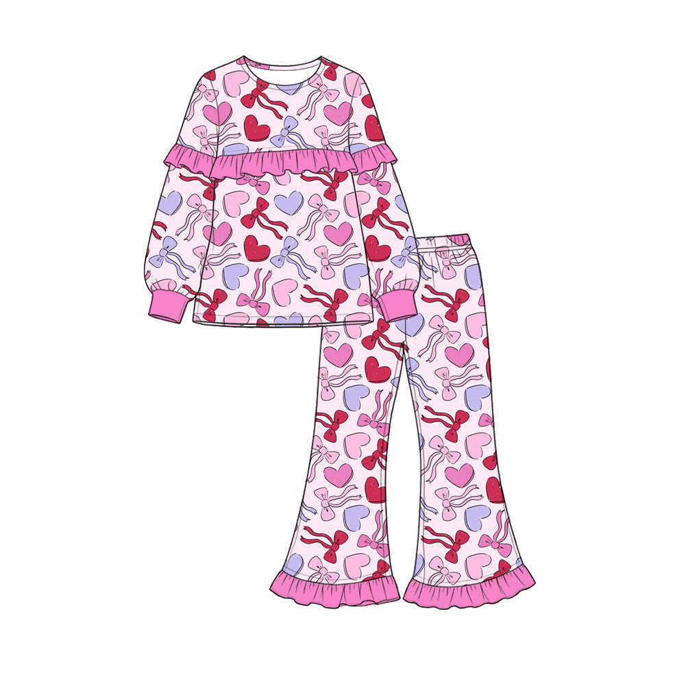 Preorder(moq 5) Girls’ Valentine’s Day Pink Heart Bow Long-Sleeve Ruffle Flare-Leg Pajama Set