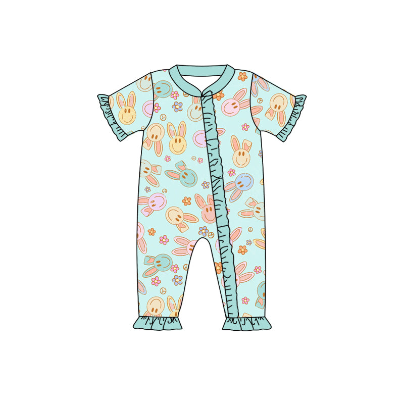 Baby Girls Easter Rabbit Short Sleeve Ruffle Zip Rompers preorder(moq 5)