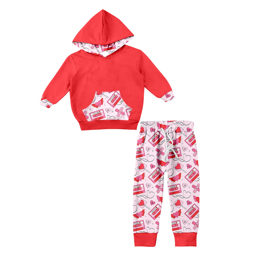 Baby Kids Valentines Heart Hooded Top Pants Clothing Sets preorder(moq 5)