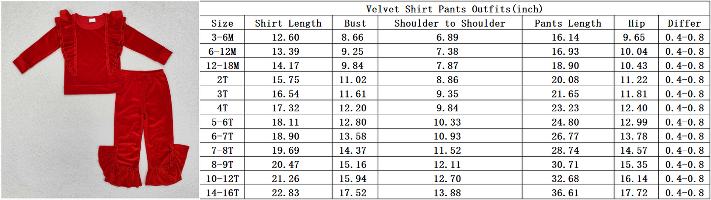 Baby Girls Red Ruffles Tee Shirts Top Velvet Bell Pants Clothes Sets