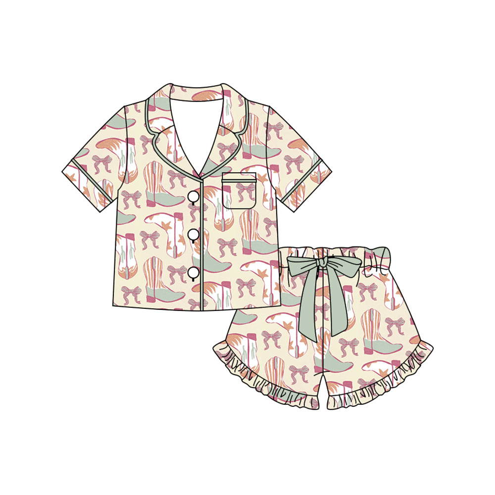 Preorder (moq 5)Baby Girls Bows Boots Button Pocket Top Ruffle Shorts Western Pajamas Sets