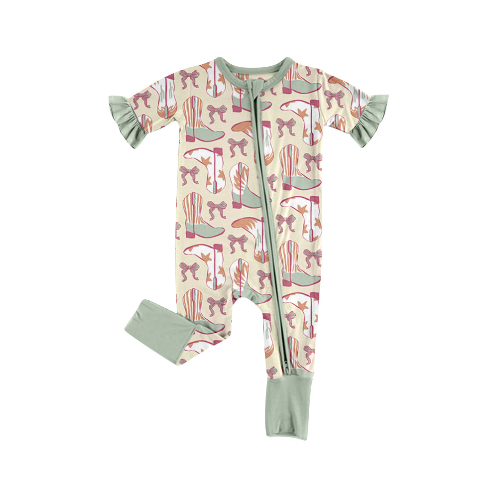 preorder(moq 5) Baby Girls Bows Boots Western Two Way Zip Convertible Rompers