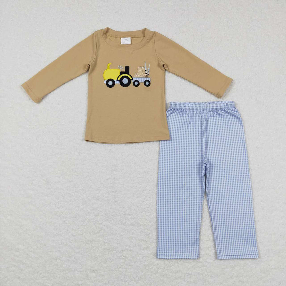 Embroidery Truck Dogs Baby Boys Khaki Shirt Checked Pants Hunting Clothes Sets