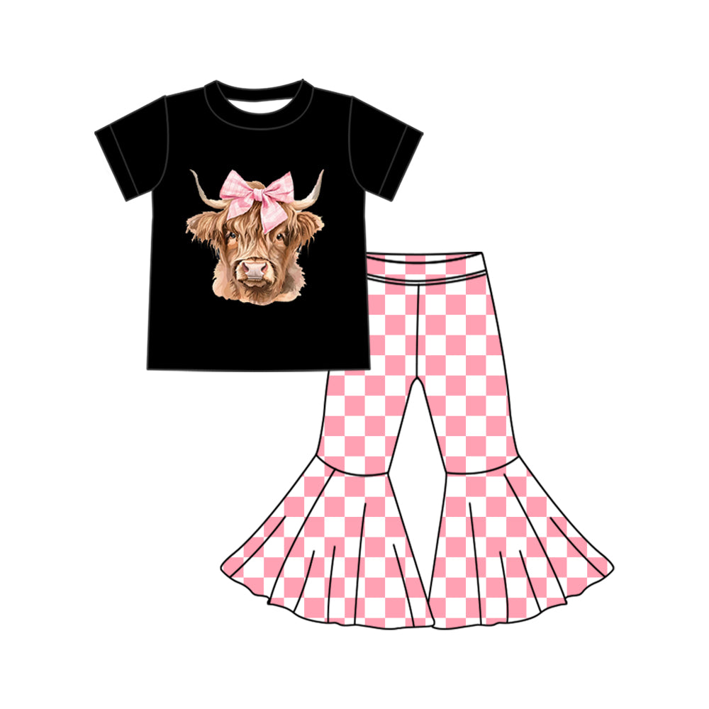 Preorder (moq 5)Baby Girls Western Highland Cow Bow Top Bell Bottom Pant Sets