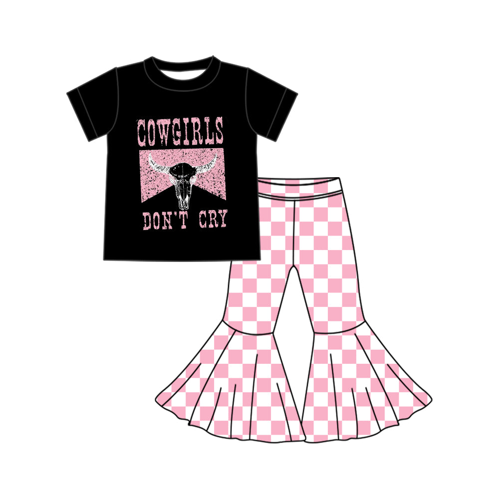 Preorder (moq 5)Baby Girls Western Cowgirl Don't Cry Top Checkered Bell Bottom Pant Sets