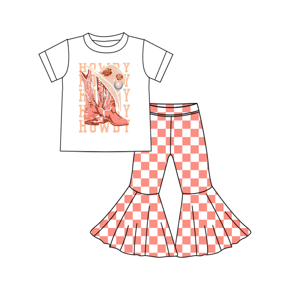 Preorder (moq 5)Baby Girls Western Howdy Boots Top Checkered Bell Bottom Pant Sets