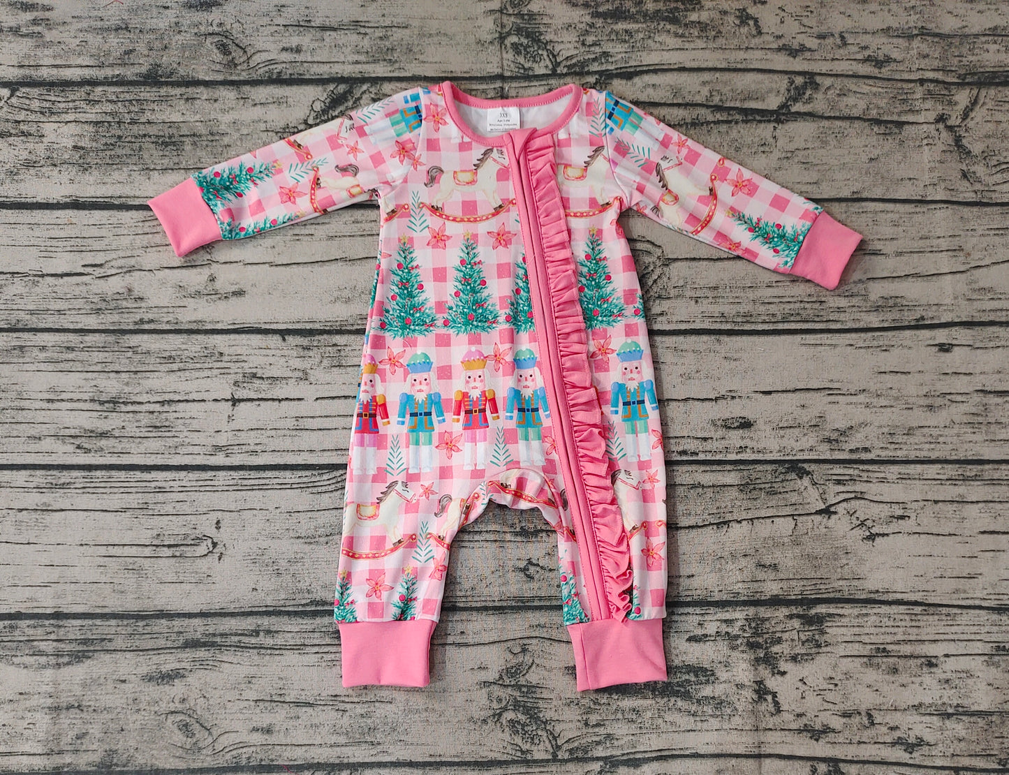Baby Girls Christmas Pink Horse Ruffle Zip Long Sleeve Rompers