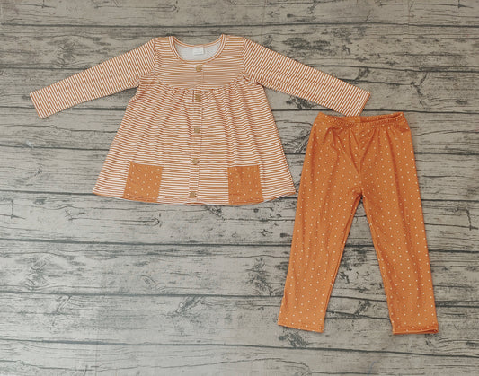 Baby Girls Long Sleeve Mustard Stripes Pocket Tunic Dots Legging Pants Clothing Sets