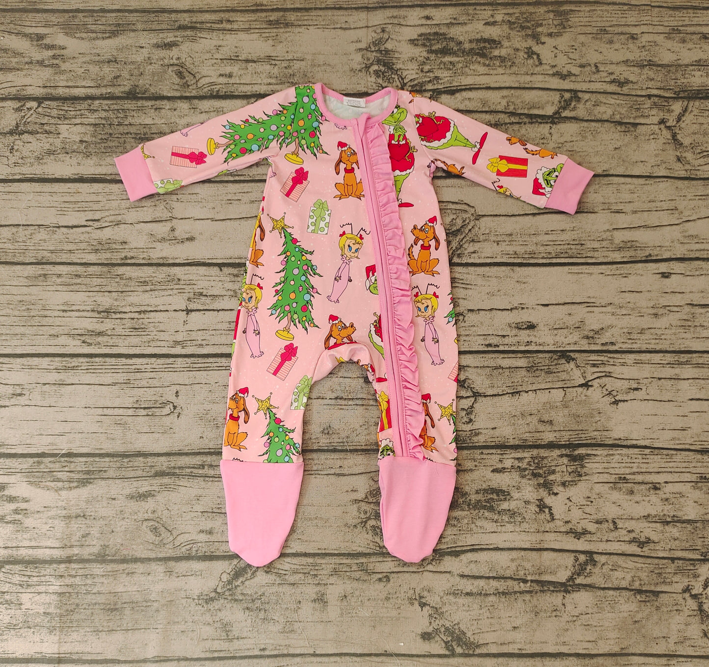 Baby Girls Christmas Pink Frog Long Sleeve Zip Rompers