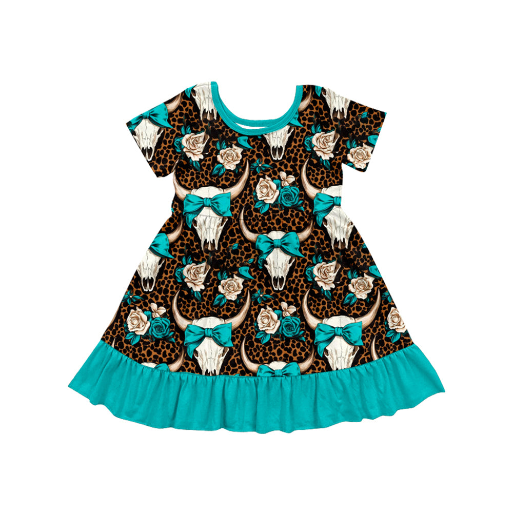 Preorder (moq 5)Baby Girls Western Cow Skull Bow Knee Length Dresses