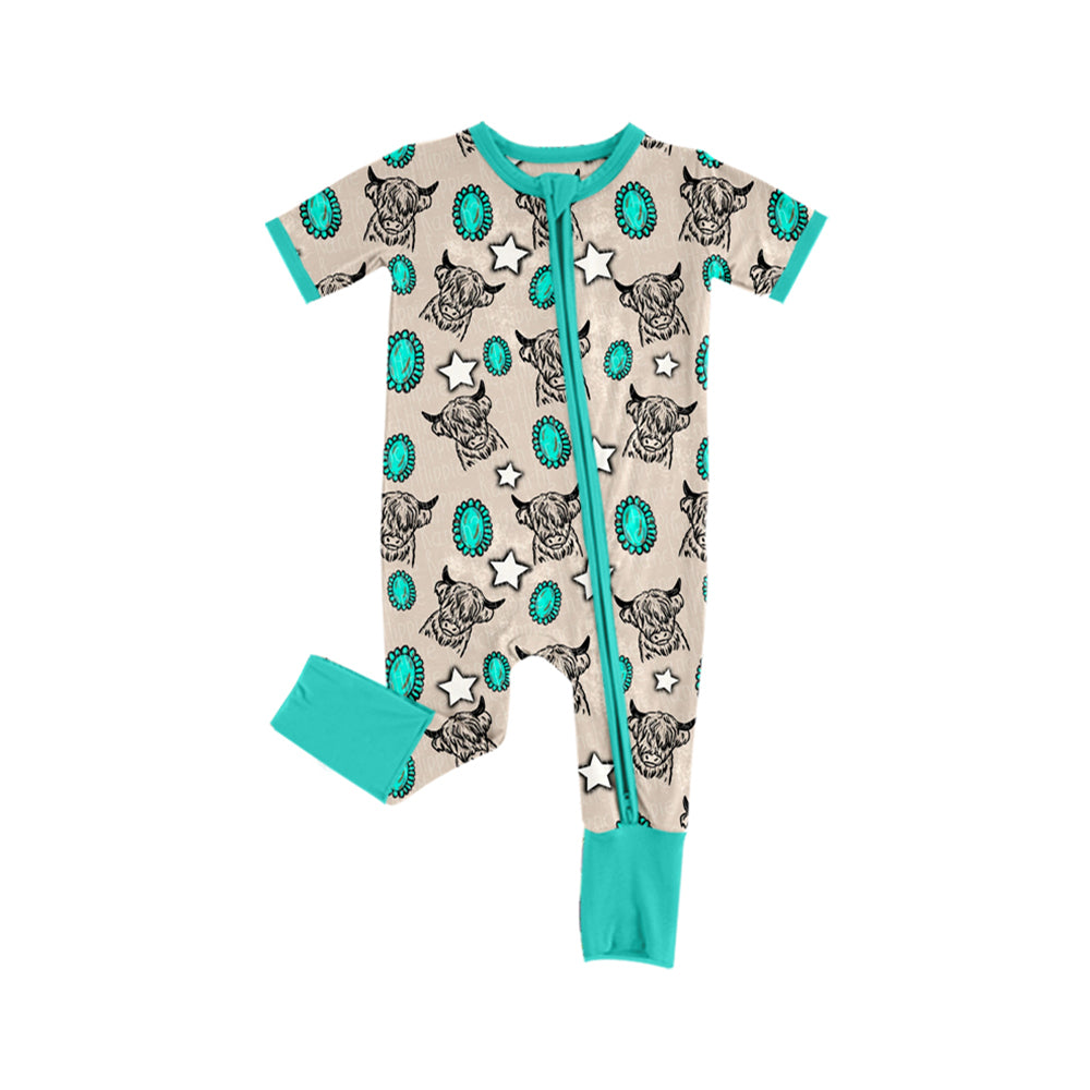 Preorder (moq 5)Baby Girls Western Cow Turquoise Zipper Rompers