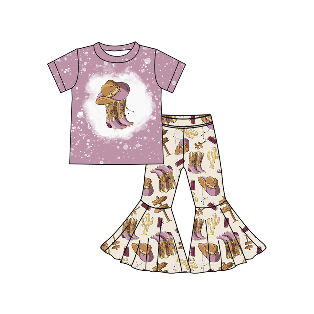 Preorder (moq 5)Baby Girls Western Purple Boots Top Bell Bottom Pant Sets