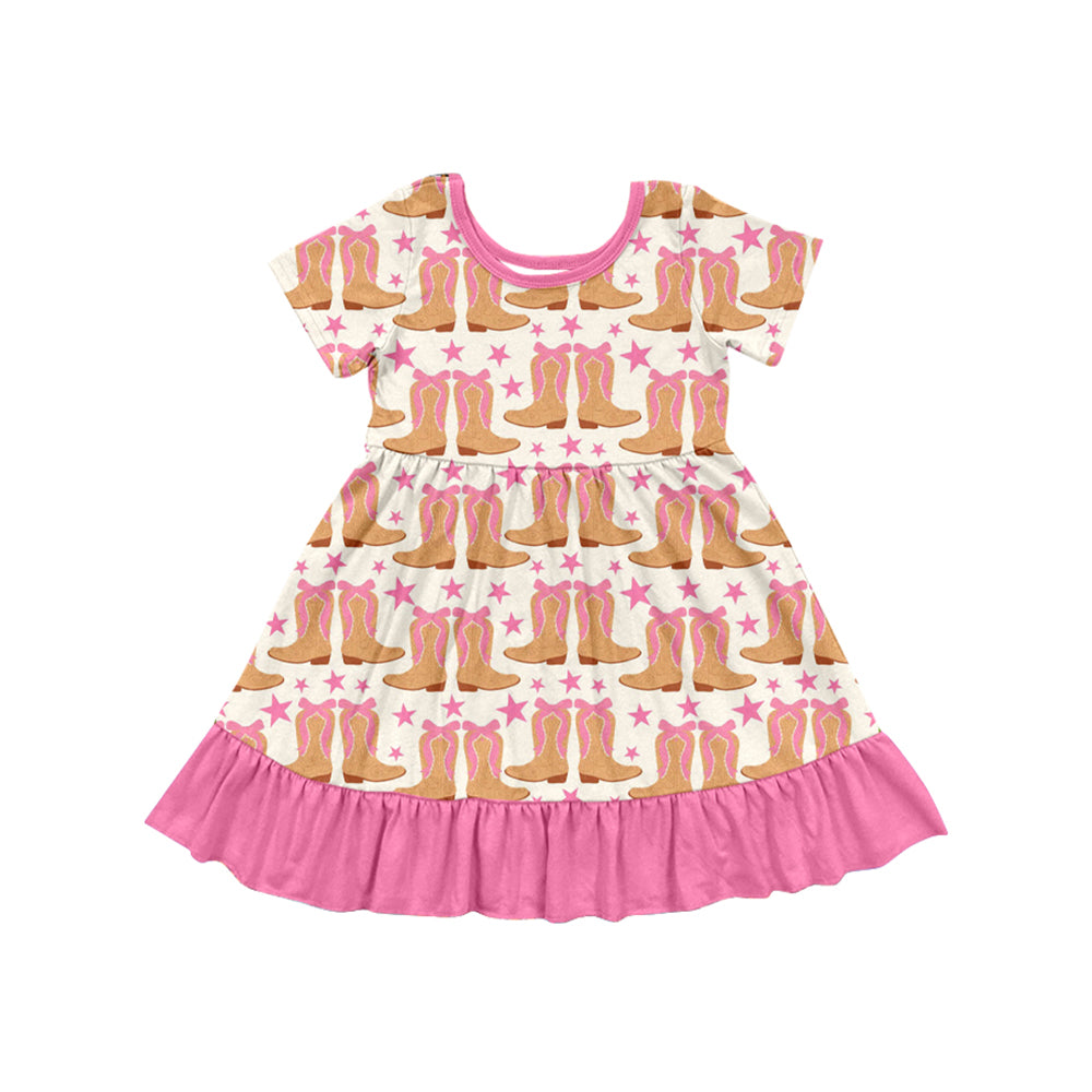Preorder (moq 5)Baby Girls Western Pink Boots Stars Knee Length Dresses