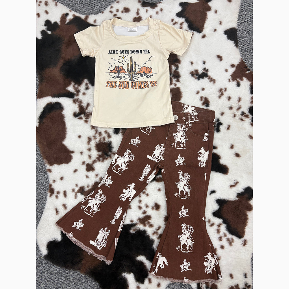 Baby Girls Western Cactus Shirt Bell Denim Pants Clothes Sets