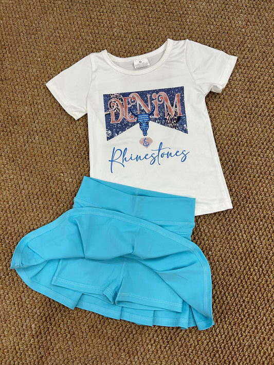 Baby Girls Western Rhinestone Shirt Aqua Pleated Skorts Yoga Active Sets