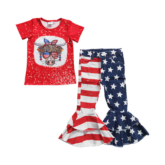 Baby Girls July 4th Star Bell Denim Pants Clothes Sets