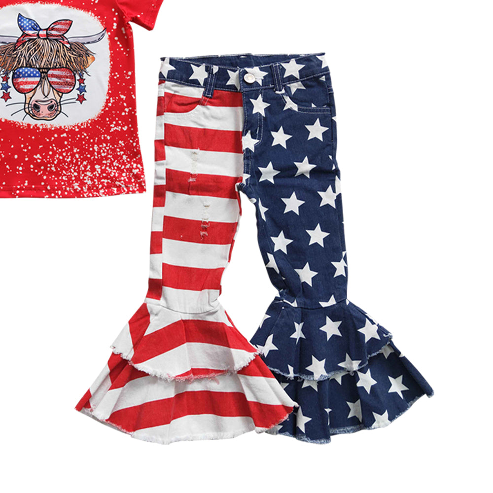 Baby Girls July 4th Star Bell Denim Pants Clothes Sets