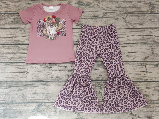 Baby girls cow skull leopard pants clothes sets