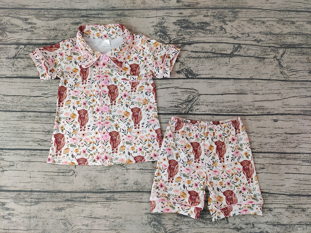 Baby Girls Western Pink Highland Cow Flower Shorts Pajamas Sets