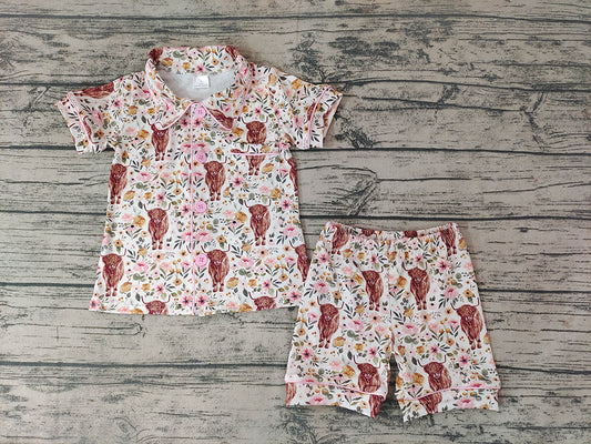 Baby Girls Western Pink Highland Cow Flower Shorts Pajamas Sets