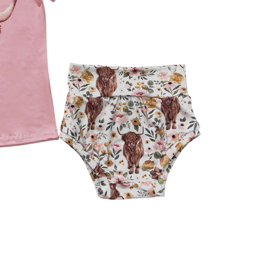 Baby Girls Pink Highland Cow Western Bummie Sets