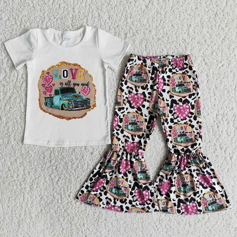 Baby girls love valentines short sleeve shirt bell bottom pants clothing sets