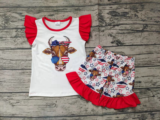 Baby girls cartoon cow 4th of July ruffle shorts sets
