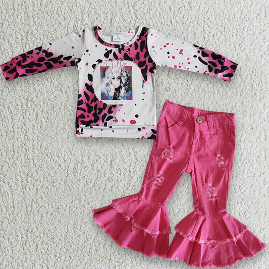 Baby girls fall hotpink denim pants singer shirts sets