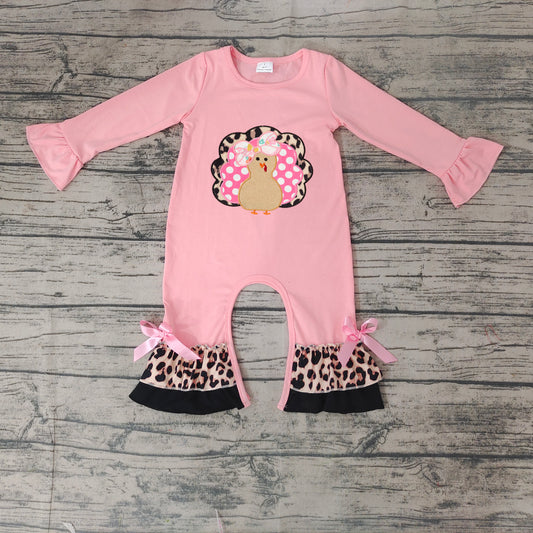 Baby girls leopard turkey pink ruffle thanksgiving rompers