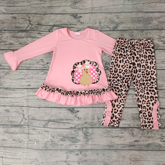 Baby girls Thanksgiving turkey pink leopard clothes sets