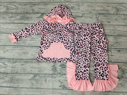 baby girls pink leopard hood top ruffle pants sets