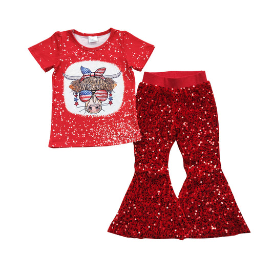 Baby Girls 4th Of July Red Cow Sequin Pants Clothes Sets
