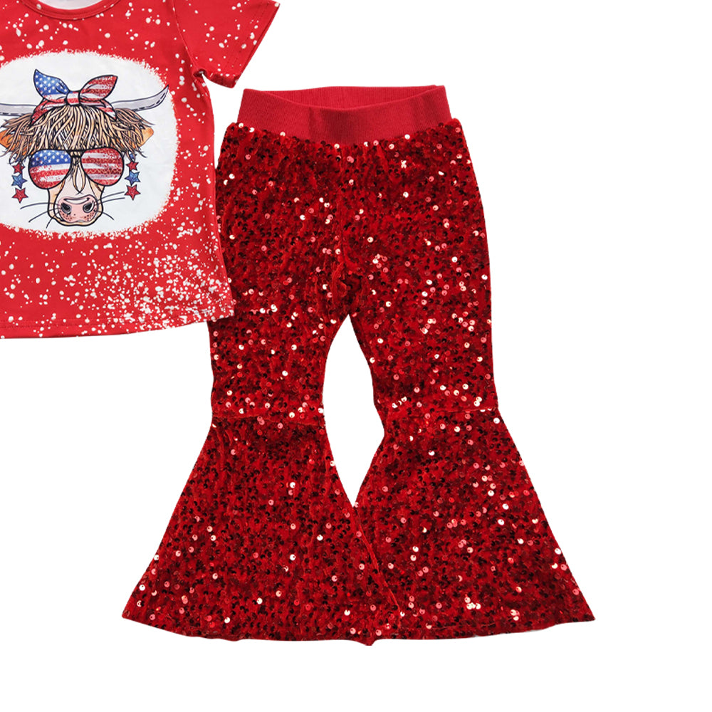 Baby Girls 4th Of July Red Cow Sequin Pants Clothes Sets