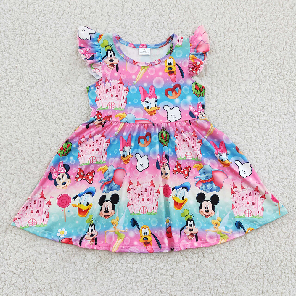 Baby girls cartoon pink flutter sleeve knee length dresses