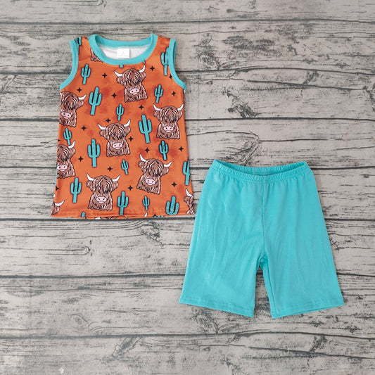 Baby Boys Western Highland Cow Sleeveless Tee Shirts Shorts Sets
