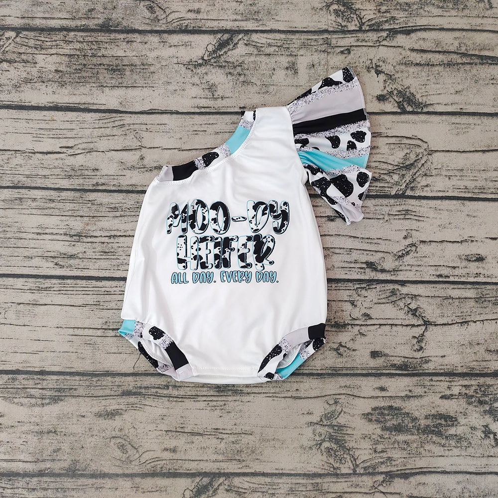Baby Girls Cow Print Moody Heifer One Shoulder Rompers