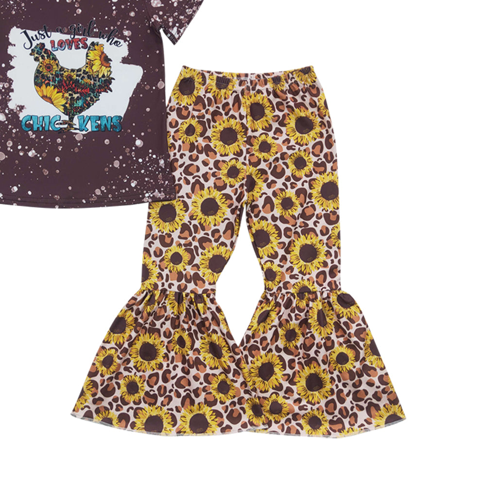 Baby Girls Chicken Sunflowers Bell Bottom Pants Clothes Sets