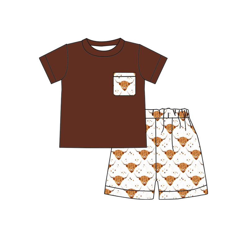 Baby boys brown top western highland pocket shorts sets