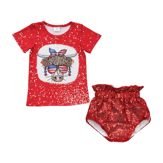 Baby Girls Western 4th Of July Cow Red Sequin Bummie Clothes Sets