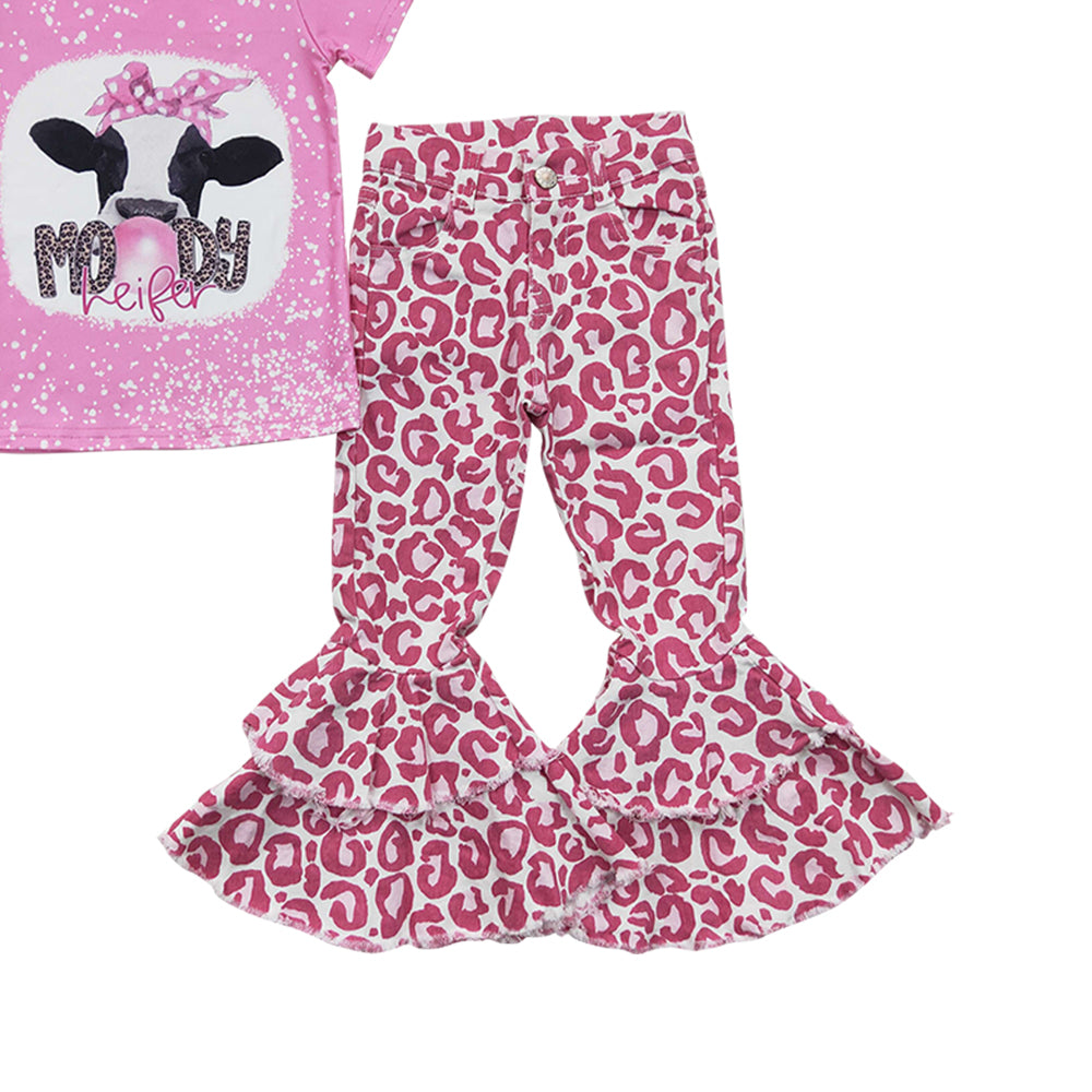 Baby Girls Moody Pink Leopard Bell Denim Pants Clothes Sets