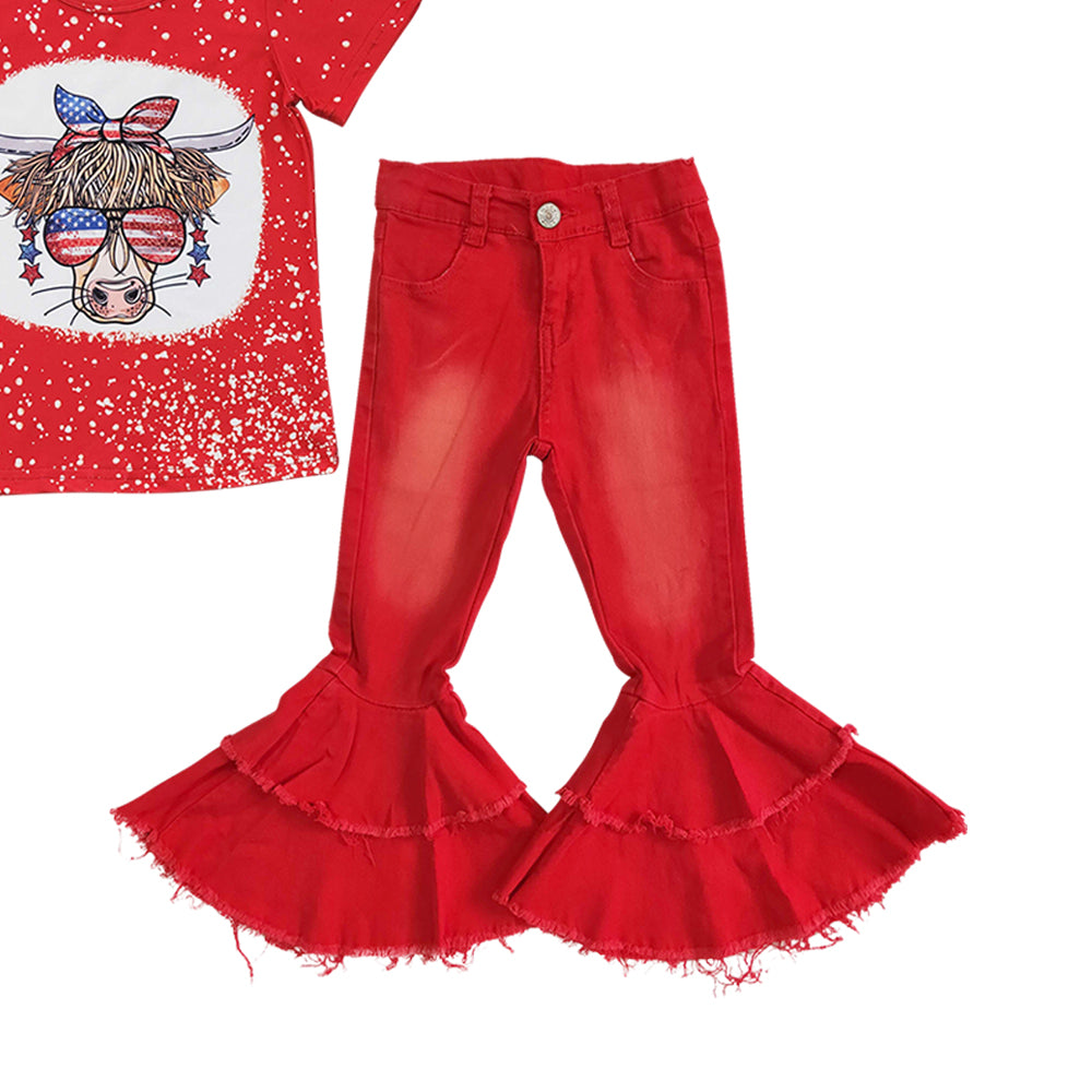 Baby Girls Western 4th Of July Cow Denim Bell Pants Clothes Sets