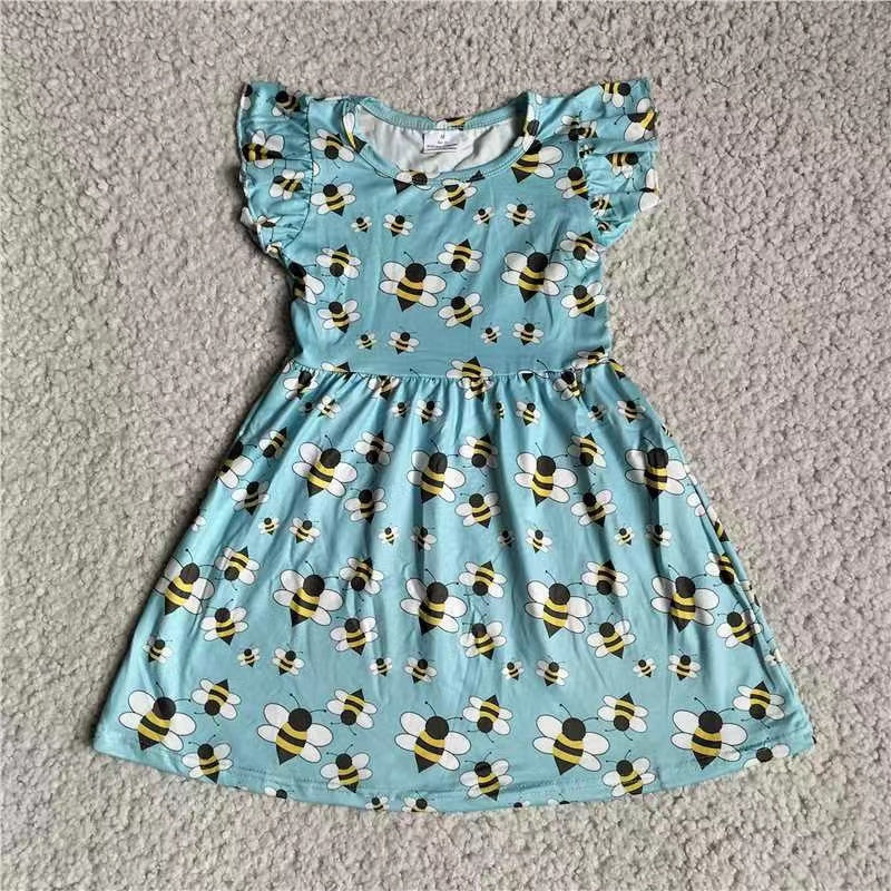 Baby girls bee blue floral pearl dresses
