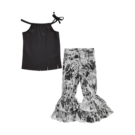 Baby Girls Black Halter Top Black Tie Dye Denim Pants Clothes Sets