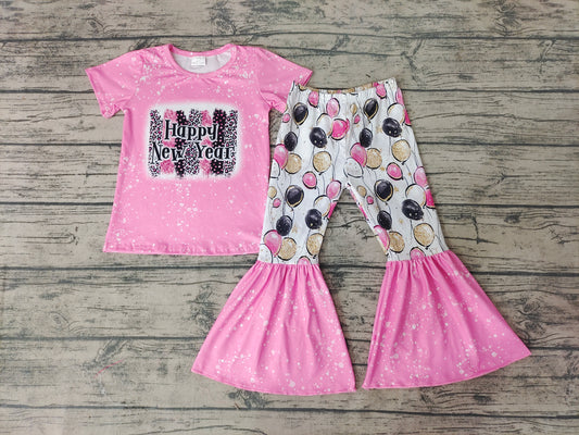 Baby Girls Happy New Year Pink Balloon Bell Pants Sets